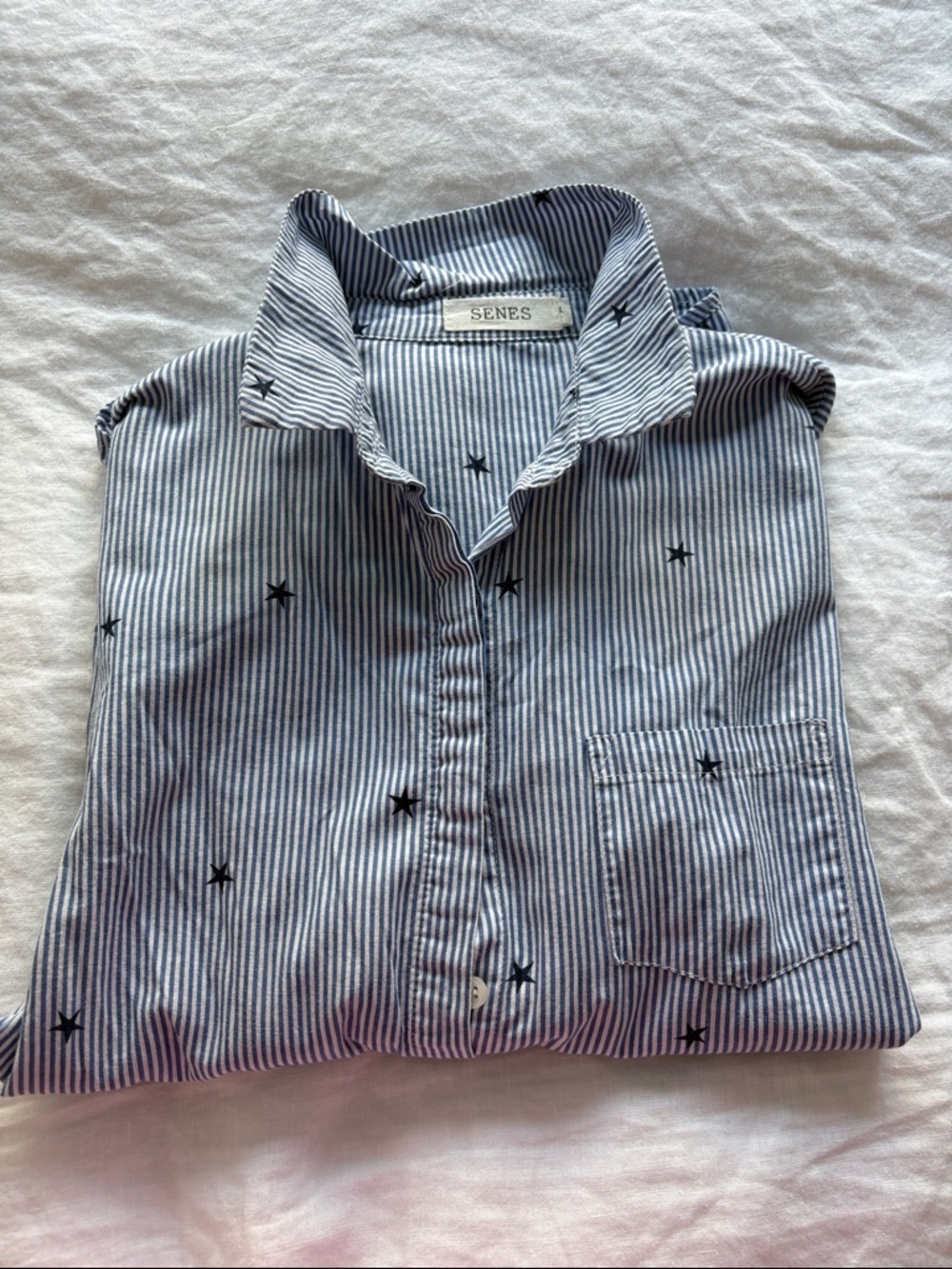 Blue Striped Star-Print Button-Up Top